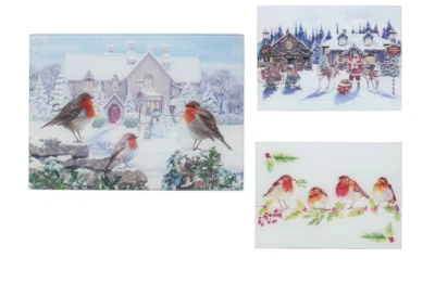 Christmas Glass Cutting Chopping Board Worktop Saver Robins Santa Snowman Robin - Image 1 of 4