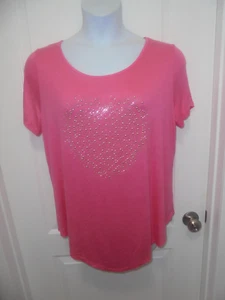 Amana Womens Solid Pink Rhinestone Heart Short Sleeves Scoop Neck Top 1X NEW - Bild 1 von 7