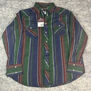 Vintage Wrangler Western Hemd XL blau grün gestreift dicke Baumwolle Perlen Druckknopf Neu mit Etikett - Bild 1 von 9