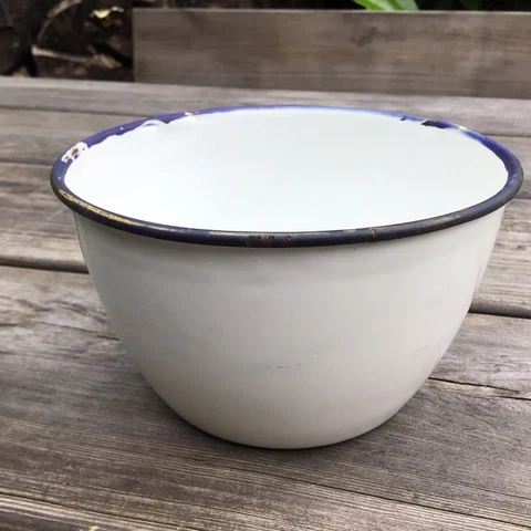 Small Vintage White Enamel Bowl With Blue Trim Ideal Planter H 3.25” x D 5.5” Cover