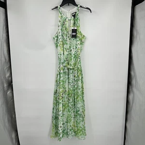 NWT DNKY Maxi Dress Women's Sz 16 Green Floral Chiffon Halter Tie Waist Easter - Picture 1 of 10