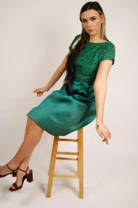 50s Evening Dress (M) vintage green lace satin medium going out open back pinup - Picture 1 of 10