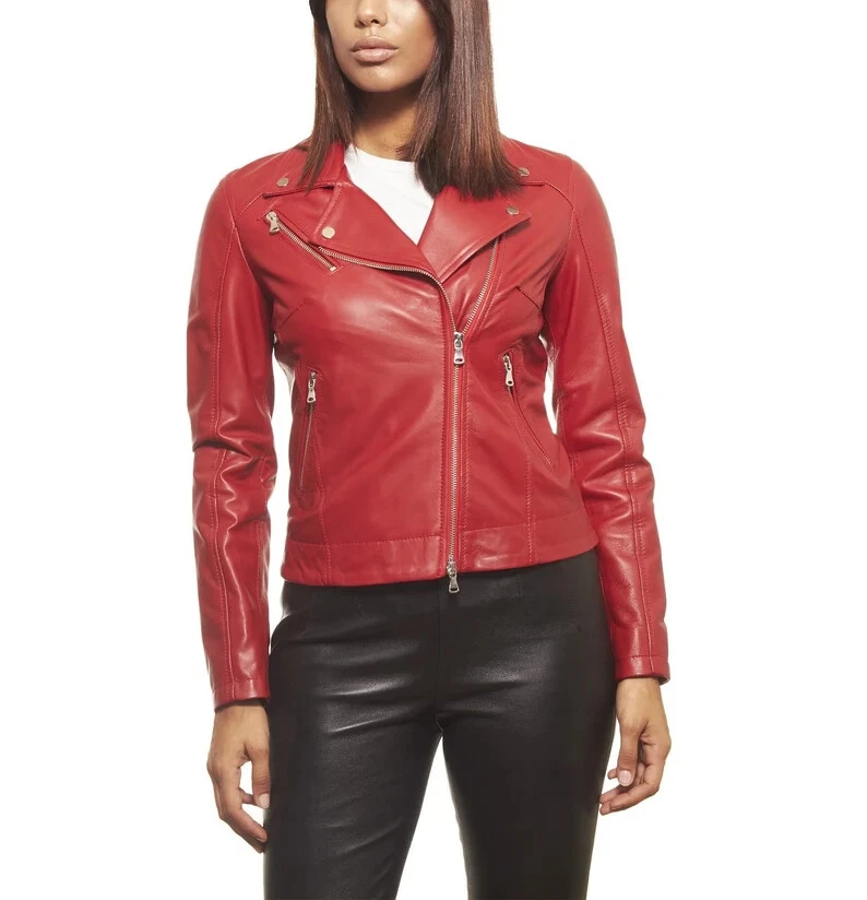 Красная кожаная куртка для женщин, мотоциклиста Bomber пальто для него, из овчины дизайнер  - Изображение 1 из 4