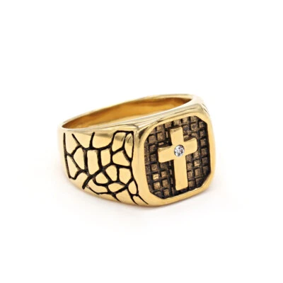 Anillo de sello de cruz para hombre de acero inoxidable cristiano santo religioso joyería regalo Foto 1 de 4