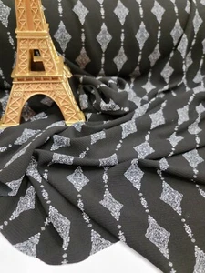 Black Crepe Stretch Fabric By The Yard White Geometric Pattern Fashion Dress - Picture 1 of 8