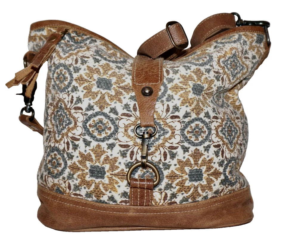 MYRA Tan, Gray, & Ivory Cotton Canvas & Leather Crossbody Shoulder Bag - Image 1 of 4