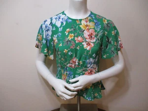 Women's LOFT Green Short Sleeve Floral Blouse Top Size 0P - Picture 1 of 10