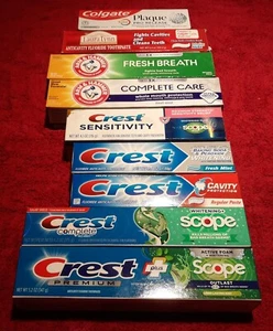One Lot of 9 Tubes Tooth Paste;  Laura Lynn, Colgate, Arm & Hammer, Crest. - Picture 1 of 1