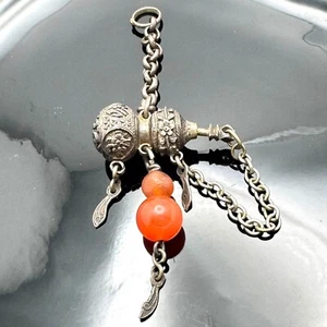 Qing Antique Chinese Silver Gourd Snuff Bottle Charm Coral Adornment Chain 20 g - Picture 1 of 16