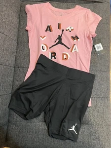 NEW NIKE Air Jordan Black SHORTS + NIKE Air Jordan Pink T SHIRT Girls Size XL - Picture 1 of 6