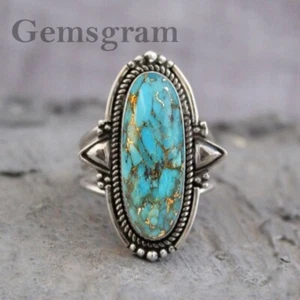925 Sterling Silver Ring Natural Blue Copper Turquoise Gemstone Women Jewelry - Picture 1 of 10