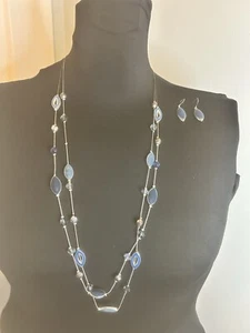 Vintage 2 Strand 17” Blue Green Necklace Lobster Claw Clasp 2” ext W Earrings - Picture 1 of 9