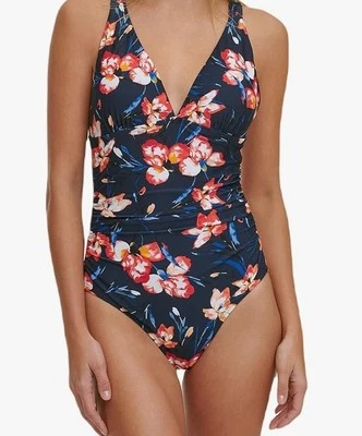 Precio de venta sugerido por el fabricante $118 Traje de baño Tommy Hilfiger floral con tiras en la espalda de una pieza azul marino talla 8 nuevo con etiquetas Foto 1 de 4