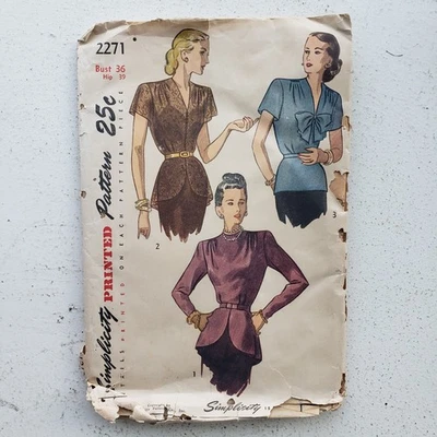 1940s Vintage 36" Bust Simplicity 2271  Peplum Blouse Top Shirt Sewing Pattern - Image 1 of 4