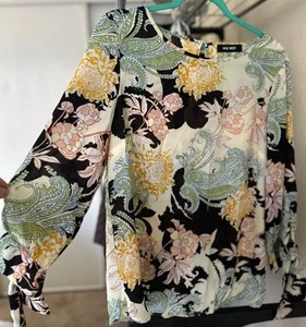 Nine West Brand Women's Medium Black Pink Green Bow Sleeve Paisley Blouse - Picture 1 of 4