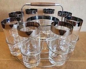 Vntg MCM Highball Bar Caddy Ice Bucket/8 Glasses Scratches To "Silver" Trim Desc - Picture 1 of 20
