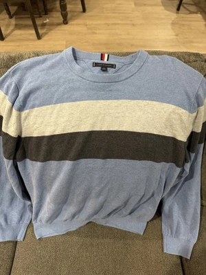 Tommy Hilfiger Hombre XL Suéter Rayas Azul Gris Negro Cuello Redondo Pullover Tejido Foto 1 de 3