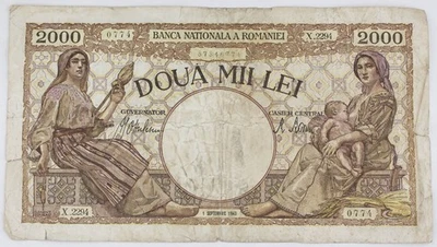 Romania 1943 2000 Lei Large Size Banknote Currency VF Pick #54 Nice Color - Image 1 of 2