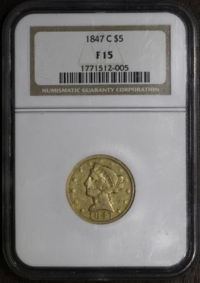Media águila Liberty Head 1847-C (F15) $5 NGC - ¡Oro Charlotte! Foto 1 de 4