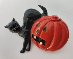 Antike Zelluloid Halloween Anstecknadel Brosche schwarze Katze & JOL Kürbis - Bild 1 von 5