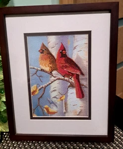 Finished Framed 5D Cross Stitch Picture Cardinals Winter Birch Nature Gift - Picture 1 of 4