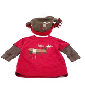 Gymboree Plaid Reindeer Shirt Hat Set Outfit Unisex Infant Size 6-12 Months