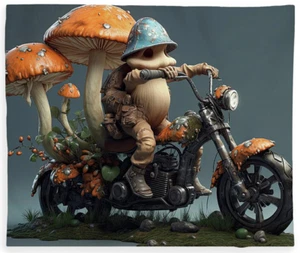 Soft Fleece Throw Blanket Design Print "The Mushroom Biker's Enchanted Journey" - Picture 1 of 6