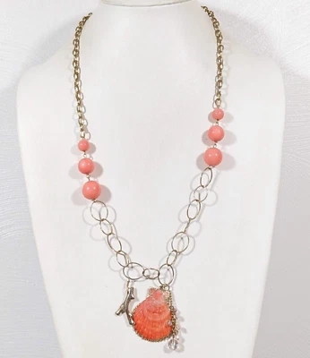 Collar de cadena Beachy Coastal Boho naranja Shell Station cuentas tono dorado 28 pulgadas Foto 1 de 4