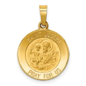 14K Yellow Gold Satin & Polished Saint Joseph Pray For Us Round Medal Pendant - Picture 1 of 3