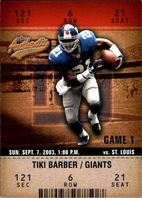 Tiki Barber 2003 Fleer Authentix #92 New York Giants FREE SHIPPING AutographDen - Image 1 of 2