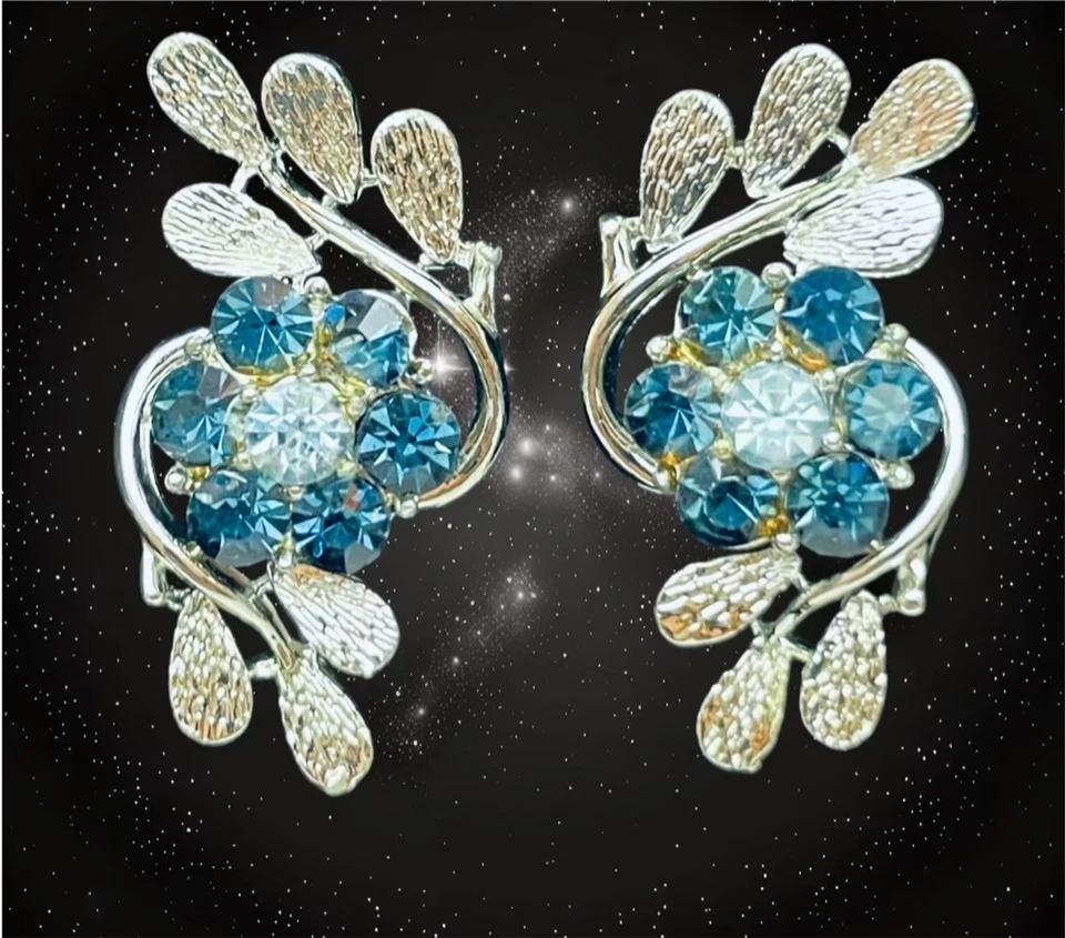 Pendientes de Clip Floral Estrás Azul Coro De Colección Tono Plateado Hojas MCM Glam Foto 1 de 4