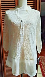 NWT Women AGB Ivory Pullover Shirt Adjustable Sleeves Lace Pattern Sm FREE SHIP - Picture 1 of 6