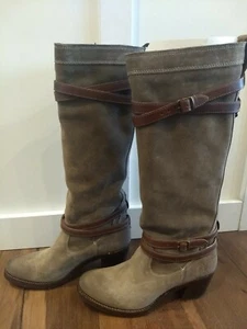 Frye Boots Jane Strappy Grey Beige Suede Brown Straps Size 7.5 Medium Fatigue - Picture 1 of 11