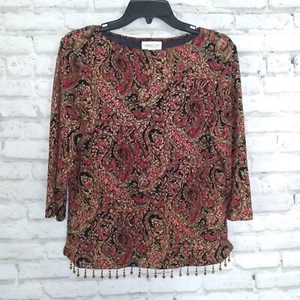 Coldwater Creek Blouse Womens Medium Black Red Paisley Metallic Beaded Hem Boho - Picture 1 of 12