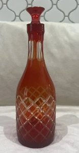 Vintage Ruby Red Cut to Clear Glass Decanter with Stopper 11 1/4” Tall - Picture 1 of 6