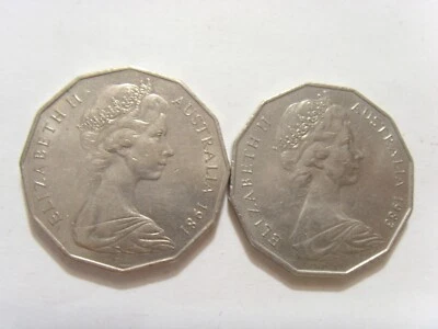 1981 83 Australia 50 cents 2 large coins silver tone metal queen Elizabeth 52496 - Image 1 of 4