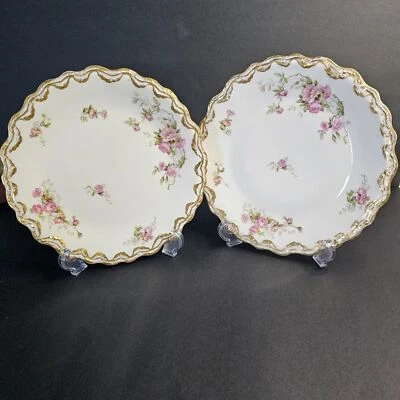 B&H Limoges France Set 2 Dinner Plates w Pink/White Flowers & Brushed Gold Edge - Image 1 of 4