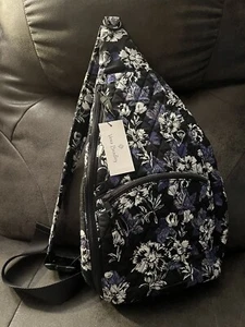 NWT Vera Bradley Frosted Floral Essential Sling Backpack Black White Blue/Gray - Picture 1 of 7