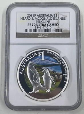 2011 P Australia S$1 NGC PF70 Ultra Cameo Heard & McDonald Islands Penguins - Image 1 of 4