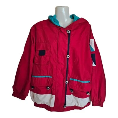 London Fog Jacket Colorful Large Womens Red White Teal VTG 80s Mesh Hooded - Image 1 of 4
