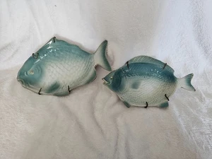 (Set of 2) Vintage Ceramic Fish Decor Hanging Plates Japan Teal 2 Diff. Sizes - Picture 1 of 16