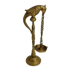 Diya India Oil Lamp Handmade Brass Temple Decor Parrott Hanging Chain - Picture 1 of 6