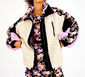 FOR LOVE & LEMONS Cozy Zip Up Jacket Colorblock Floral Full Zip Sz Large NWT - Picture 1 of 14