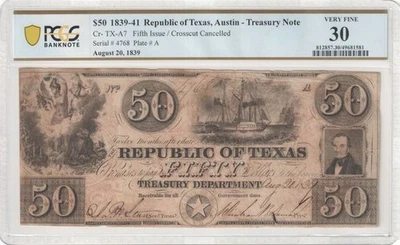 1839-41 $50 Republic of Texas, Austin Treasury Note - PCGS VF30 Cr- TX-A7 - Image 1 of 2