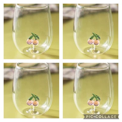 全新带标签 4 件套 CHEERIE ICON STEMLESS 葡萄酒玻璃 3D 粉色 CHERRIES CHERRY 设计 — 第 1/4 张图片