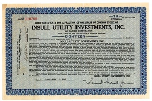 1931 Insull Utility Investimenti Stock Scrip Certificato Quota Frazione Samuel - Foto 1 di 2