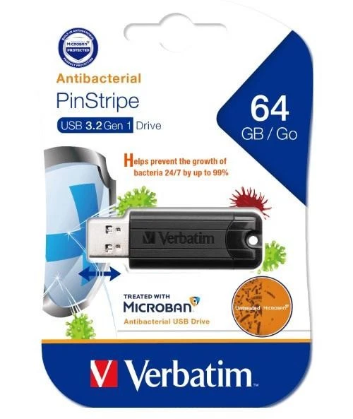 Verbatim 64GB Antibacterial Pinstripe USB 3.0 Drive (with Microban¬Æ) Black - Image 1 of 1