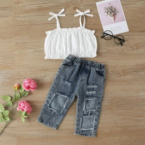 2PCS Toddler Baby Girls Strap Tops Denim Pants Outfits Summer Trousers Camisole - Picture 1 of 15