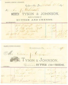POSTEN VON 2 RECHNUNGEN 1890 RECHNUNGSKOPF - TYSON & JOHNSON DRAKE'S CORNER CREAMERY PA - Bild 1 von 3