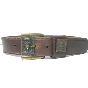 Women's Belt XS Brown VTG Leather Wide Western Rugged Ornate Buckle Jeans Dress - Picture 1 of 12